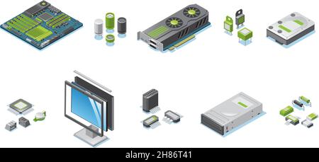 Isometric computer hardware parts set with monitor and system unit electronic components and details isolated vector illustration Stock Vector