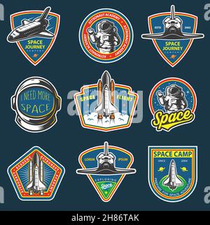 Set of vintage space and astronaut badges, emblems, logos and labels. Colored on dark background. Stock Vector