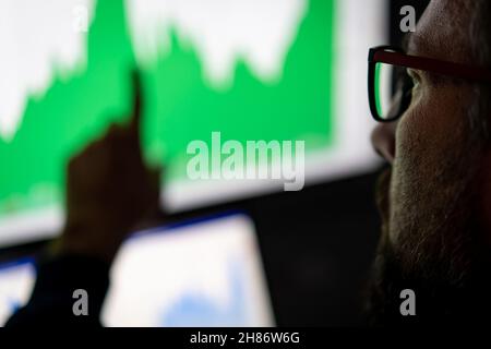 Crypto trader investor analyst looking at computer screen , thinking of online stock exchange market trading investment global risks. Stock Photo