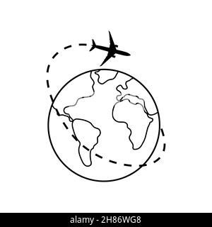 Dotted line of the aircraft route around the planet Earth. Tourism and travel. Vector illustration. Stock Vector