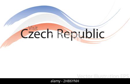 the slogan visit Czech Republic with curved waves in watercolor style which are in the colors of the national flag. Vector Illustration Stock Vector