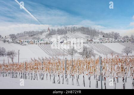 Weinviertel in Winter. snow in the wine cellars of the Galgenberg in Wildendürnbach in Lower Austria. Snow covered vineyards and a romantic scenery. Stock Photo