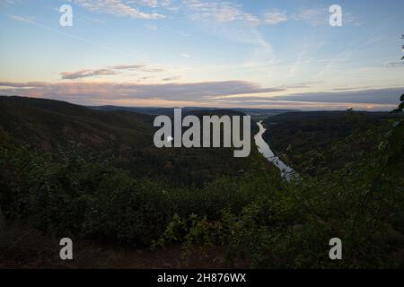 View of the Saar loop in Saarland. Viewpoint from which you can look at the Saar and enjoy the nature. Stock Photo