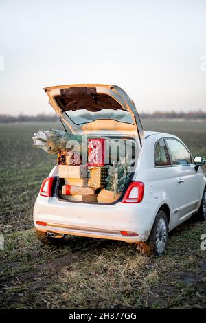 Car trunk full of gift boxes and Christmas tree Stock Photo