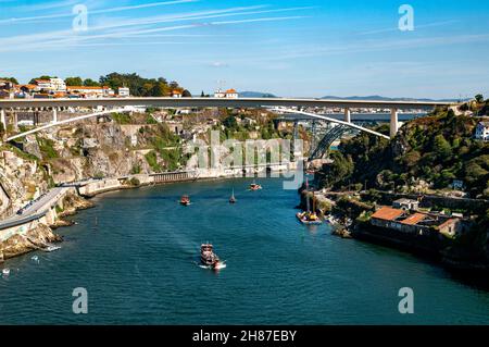Porto cityscape and Douro river as seen from the top of Dom Luis I Bridge, Porto, Portugal Stock Photo
