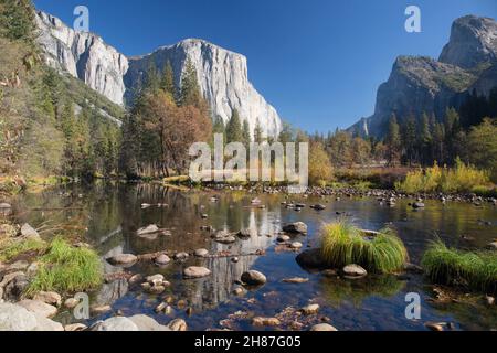 Yosemite National Park, California, USA. View from Valley View along the tranquil Merced River to the iconic southwest face of El Capitan, autumn. Stock Photo