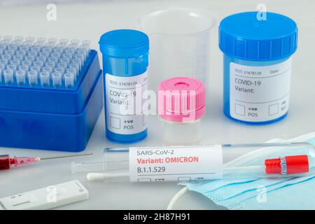 Torquay, UK. Sunday 28 November 2021. Variant of COVID-19 is named by WHO as Omicron. Previously referred to as lineage B.1.1.529. Concept visualisation of swab and testing. Credit: Thomas Faull/Alamy Live News Stock Photo