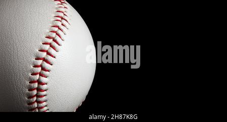 Macro close-up baseball ball with stiches and seam isolated on black background with copy space Stock Photo