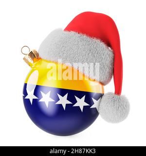 Christmas ball with Bosnian flag and Santa Claus hat. Christmas and New Year in Bosnia and Herzegovina, concept. 3D rendering isolated on white backgr Stock Photo