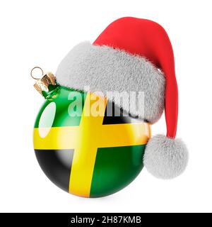 Christmas ball with Jamaican flag and Santa Claus hat. Christmas and New Year in Jamaica, concept. 3D rendering isolated on white background Stock Photo