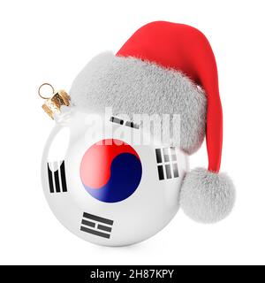 Christmas ball with South Korean flag and Santa Claus hat. Christmas and New Year in South Korea, concept. 3D rendering isolated on white background Stock Photo