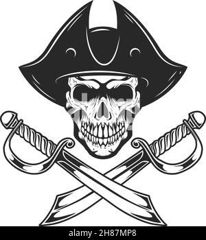 Tshirt print with pirate skull in cocked hat and crossed sabers with chain.  Vector mascot apparel T shirt design with typography surrender the booty  Stock Vector Image & Art - Alamy