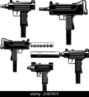 Set of uzi submachine gun illustrations. Design element for logo, label, sign, emblem. Vector illustration Stock Vector