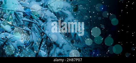 Close-up of snowy pine branch with blurred lights design. Stock Photo