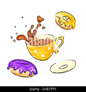 Coffee mug in different colors. Sketch with color marker. Simple vector illustration, rustic. Kids like, childish picture. Stock Vector