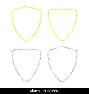 Golden and silver chain border frame. Coat of arms, shield, screen, guard shape. Jewelry design, text frame. Flat vector illustration isolated on a Stock Vector