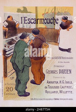 advertising poster for first issue of french weekly anarchic Journal „L’Escarmouche“ by Henri-Gabriel Ibels, 1893 showing patrons in ordinary workers clothes having a small wine and watching soldiers march by Stock Photo