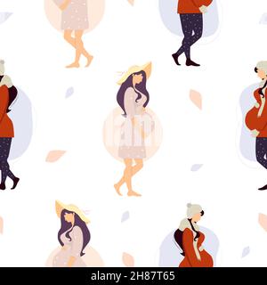 Seamless pattern with pregnant girl. Happy women in winter and summer clothes on white background. Vector illustration. Maternity and female health co Stock Vector