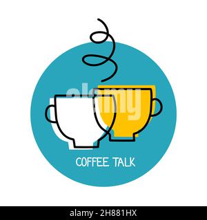 Coffee talk logo. Business meeting icon. Conversation over cup of tea symbol. Two mugs of coffee and steam. Vector illustration Stock Vector