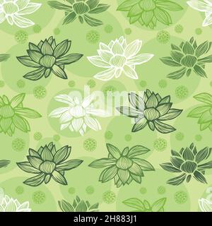 Vector green rows of lotus flower and seed pods repeat pattern 04. Suitable for textile, gift wrap and wallpaper. Stock Vector