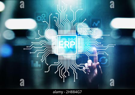 ERP - Enterprise resource planning business and modern technology concept on virtual screen. Stock Photo