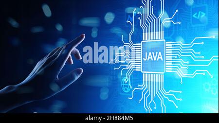 Java programming language application and web development concept on virtual screen. Stock Photo