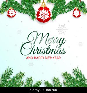 Realistic christmas banner with branches, snowflakes and red ball ornament in eps vector file Stock Vector