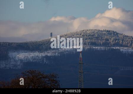 First snow on the so called Feldberg in Hesse, Germany at a cold day in winter. Seen from Frankfurt. Stock Photo
