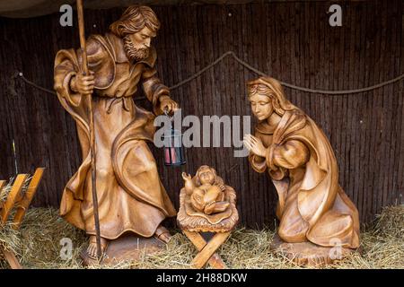 Christmas crib with Joseph , Mary and small Jesus Stock Photo