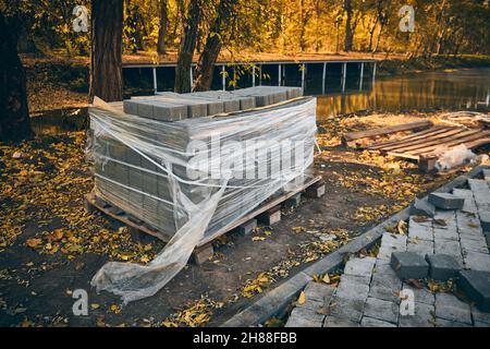 Public park pavement work Stock Photo