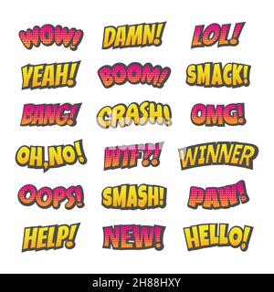 Comic style exclamation lettering. Cartoon pop art yeah, boom, bang letters with halftone. Stock Vector