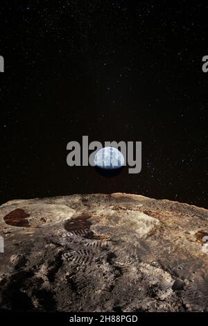 Footsteps on the moon surface, Earth rises above lunar horizon. Elements of this image furnished by NASA. Stock Photo