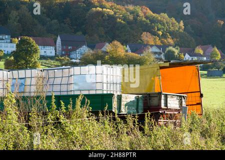 Old scrap agricultural machines near Gewissenruh, Wesertal, Weser Uplands, Weserbergland, Hesse, Germany Stock Photo
