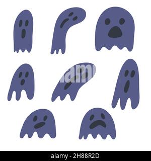 Set of cute purple cartoon ghost poltergeist hand drawn, ghosts for halloween design vector Stock Vector
