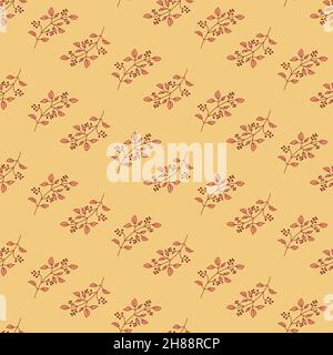 Seamless pattern with delicate twig with leaf and berries, yellow pink cute patterned background for textile wallpaper, packaging design and interior Stock Vector