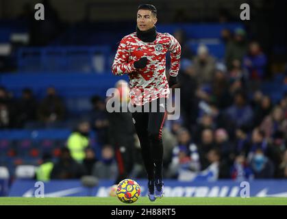 London, England, 28th November 2021. Cristiano Ronaldo of Manchester United warms up ahead of the Premier League match at Stamford Bridge, London. Picture credit should read: Paul Terry / Sportimage Credit: Sportimage/Alamy Live News Stock Photo