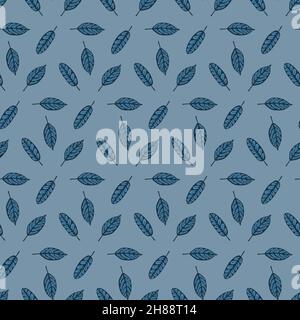 Seamless pattern hand drawn leaves foliage blue gray dark background for textile wallpaper, packaging design and interior decoration Stock Vector