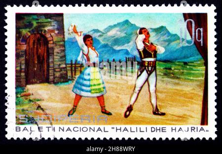 ALBANIA - CIRCA 1971: a stamp printed in the Albania shows Brother and Sister, Scene from Halili and Hajria Ballet, , circa 1971 Stock Photo