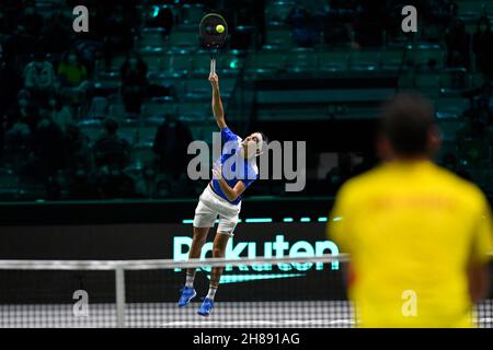 November 27, 2021, Turin, Italy: Tennis-Davis Cup Group E qualification for quarter finals.Italia vs Colobia.Pala Alpitour, Turin, Italy November 27, 2021..Italy's Lorenzo Sonego in action during his match against Colombia's Nicolas Mejia  (Credit Image: © Tonello Abozzi/Pacific Press via ZUMA Press Wire) Stock Photo