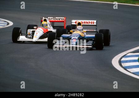 05 Mansell Nigel (gbr), Canon Williams Team, Williams-Renault FW14, 01 Senna Ayrton (bra), Honda Marlboro McLaren, McLaren-Honda MP4/6, action during the Spanish Grand Prix 1991 on the Circuit de Barcelone-Catalunya, 14th round of the 1991 FIA Formula 1 Championship from September 27 to 29, 1991 in Barcelona, Spain - Photo Gilles Levent / DPPI Stock Photo