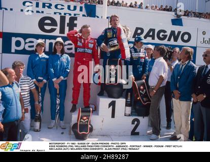 MOTORSPORT - F1 1982 - SUISSE GP - DIJON PRENOIS - PHOTO: DPPI KEKE ROSBERG (FIN) / WILLIAMS FW08 FORD COSWORTH - AMBIANCE - PORTRAIT - WINNER - PODIUM - FIRST VICTORY NIKI LAUDA (AUT) / MCLAREN FORD COSWORTH - ALAIN PROST (FRA) / RENAULT Stock Photo