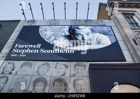 London, UK. 28th November 2021. A tribute to Stephen Sondheim at the London Palladium. The musical theatre composer and lyricist died on 26th November, aged 91. Credit: Vuk Valcic / Alamy Live News Stock Photo