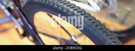Reliable tire with quality tread on bicycle wheel closeup Stock Photo