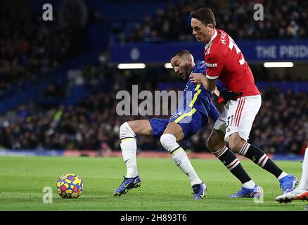 London, England, 28th November 2021.  Hakin Ziyech of Chelsea is fouled by Nemanja Matić of Manchester United during the Premier League match at Stamford Bridge, London. Picture credit should read: Paul Terry / Sportimage Credit: Sportimage/Alamy Live News Stock Photo