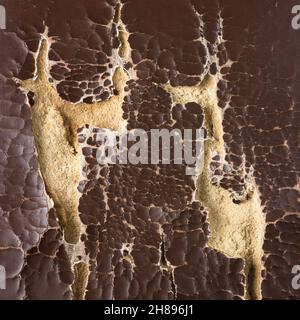 old damaged artificial leather, worn, broken and dirty synthetic material on chair cushions, closeup background, texture Stock Photo