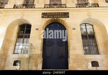 PARIS, FRANCE -November 27, 2021 : The French Ministry of Justice also known as the Chancellerie is located at the Hotel de Bourvallais on famous Vend Stock Photo