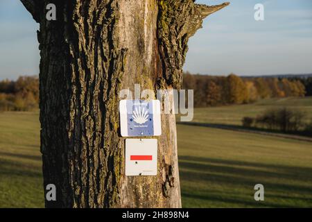 Sign for the hiking trails from the  way of St James in Germany in the near from Tauberbischofsheim. Stock Photo