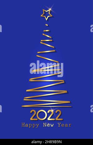 Gold stylized Christmas tree, 2022 New Year, golden luxury logo icon festive, vector isolated on blue background Stock Vector