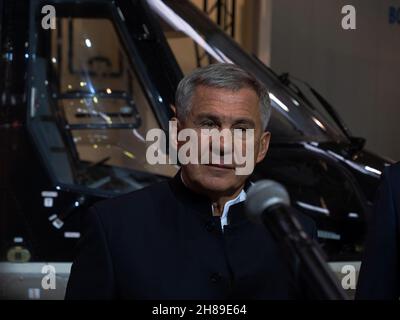 Kazan, Russia. 12 November 2021. President of the Republic of Tatarstan Rustam Minnikhanov. Helicopter plant in Kazan. Stock Photo