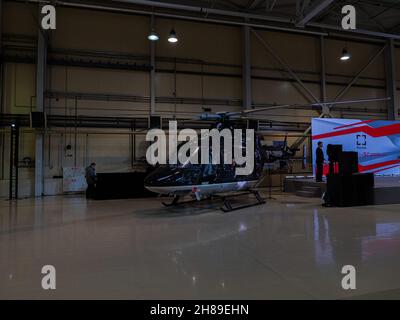 Kazan, Russia. 12 November 2021. The new Ansat helicopter at the helicopter plant in Kazan, Russia. Russian light multi-purpose helicopter Kazan Ansat  Stock Photo